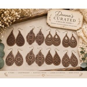 Donna's Curated 8 Pair Wooden Dangle Earrings Boho Laser Cut Jewelry Lot